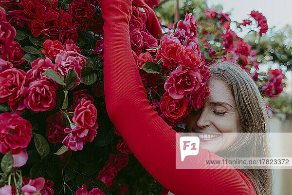 Happy woman with eyes closed embracing rose bush