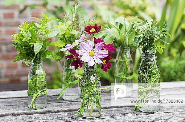 Fresh herbs and flowers in decorated glass bottles standing on balcony table