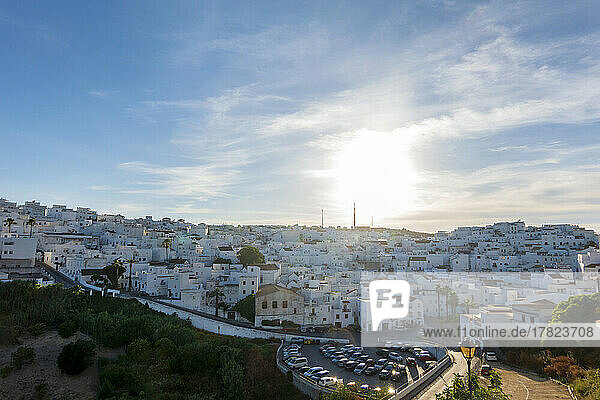 Spain  Province of Cadiz  Vejer de la Frontera  Sun setting over white painted houses of hilltop town