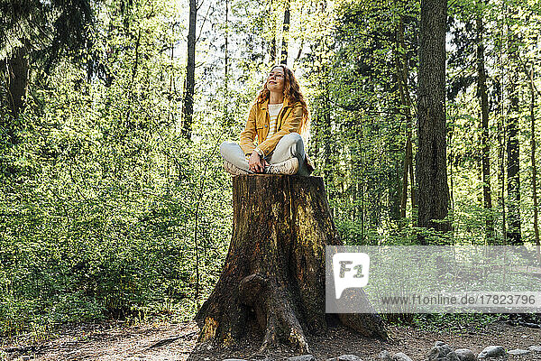 Woman sitting cross-legged on tree stump in forest