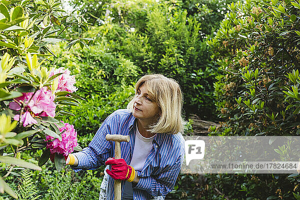 Frau untersucht Blumen im Garten
