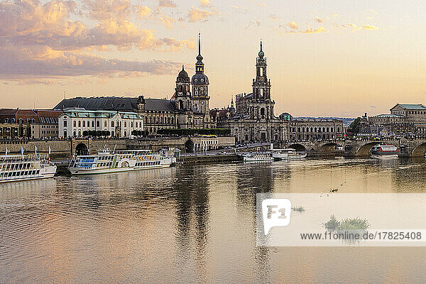 Germany  Saxony  Dresden  Old town waterfront at dusk