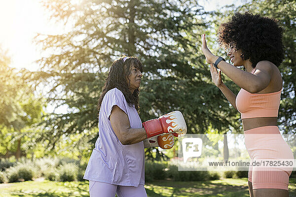 Senior woman with boxing gloves practicing with daughter in park