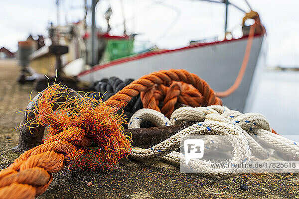 Sweden  Halland  Glommen  Mooring rope of ship secured in harbor