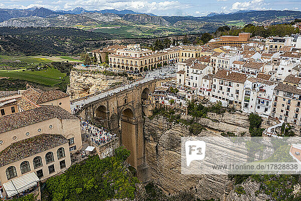 Aerial of the historic town of Ronda  Andalucia  Spain  Europe