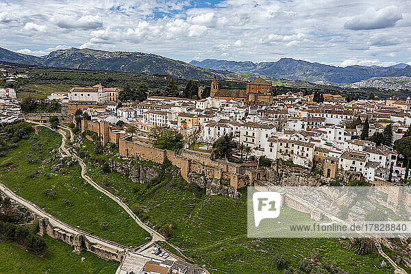 Aerial of the historic town of Ronda  Andalucia  Spain  Europe