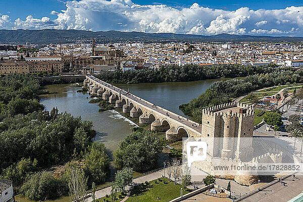 Aerial of the Historic Roman Bridge over the Guadalquivir River and Calahorra Tower  UNESCO World Heritage Site  Cordoba  Andalusia  Spain  Europe