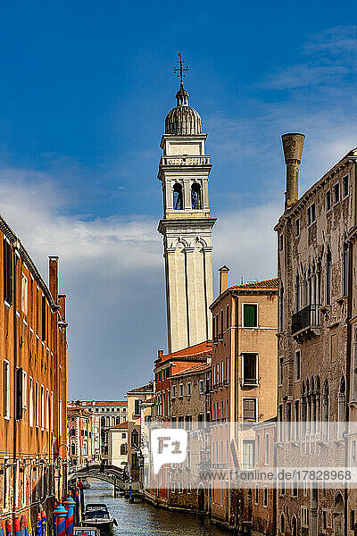 The distinctive leaning bell tower of the Church of San Giorgio dei Greci  Rio dei Greci  Venice  UNESCO World Heritage Site  Veneto  Italy  Europe