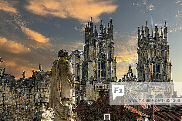 York Minster West Bell Towers and Bootham Bar from St. Leonards Place  York  Yorkshire  England  United Kingdom  Europe