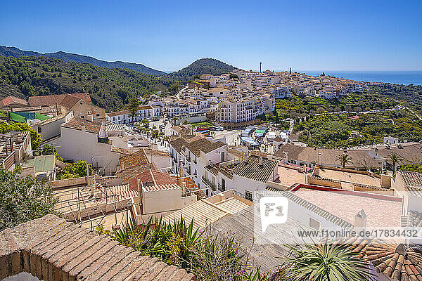 Panoramic view of whitewashed houses  rooftops and Mediterranean Sea  Frigiliana  Malaga Province  Andalucia  Spain  Mediterranean  Europe