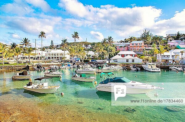 Boats moored in the clear turquoise waters of Flatt's Inlet  Hamilton Parish  Bermuda  Atlantic  Central America