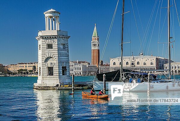 Sailboat marina on the island of San Giorgio with Campanile and Doge's Palace  Venice  Veneto  Adriatic Sea  Northern Italy  Italy  Europe