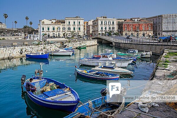 Fischerhafen mit Booten vor der Altstadt  Syrakus  Ostküste  Sizilien  Italien  Europa