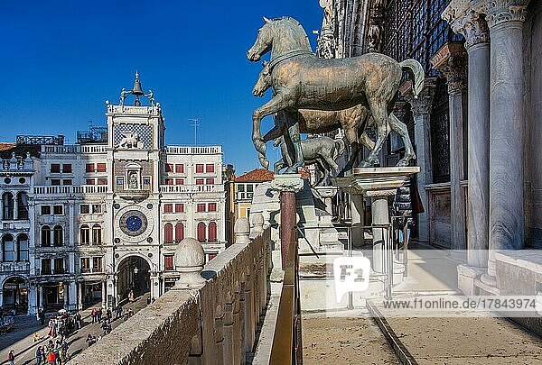 Quadriga der Pferde von San Marco auf dem Markusdom und dem Uhrturm am Markusplatz  Venedig  Venetien  Adria  Norditalien  Italien  Europa
