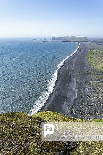 View over Reynisfjara Beach  Black Sand Beach  from Steep Cliffs  Vik  South Iceland  Iceland  Europe