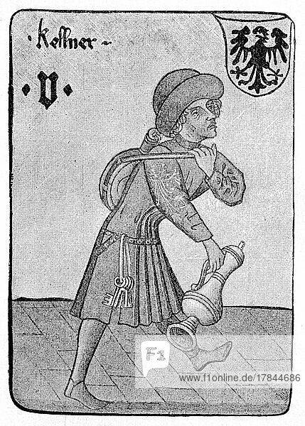 Der Kellner  Winzer  ein Blatt der vier Fünfer aus einem höfischen Kartenspiel  15. Jahrhundert  Wien  Österreich  digital restaurierte Reproduktion einer Originalvorlage aus dem 19. Jahrhundert  genaues Originaldatum nicht bekannt  Europa