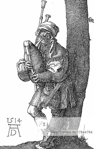 Bagpipe  bagpiper  copperplate engraving by Albrecht Dürer  1514  Germany  digitally restored reproduction of a 19th century original  exact original date not known  Europe