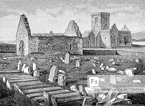 Die Königsgräber der Angelsachsen und die Ruinen des in der zweiten Hälfte des sechsten Jahrhunderts von Kolumba gegründeten Klosters auf der Insel Iona  einer kleinen Insel auf den Inneren Hebriden in Schottland. Es war ein Zentrum des gälischen Mönchtums  digital restaurierte Reproduktion einer Originalvorlage aus dem 19. Jahrhundert  genaues Originaldatum nicht bekannt