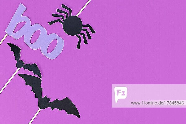 Halloween Hintergrund mit Foto Requisiten auf Stöcken in Form von schwarzen Fledermäusen  Spinne und violett Wort boo auf lila Hintergrund mit Kopie Raum