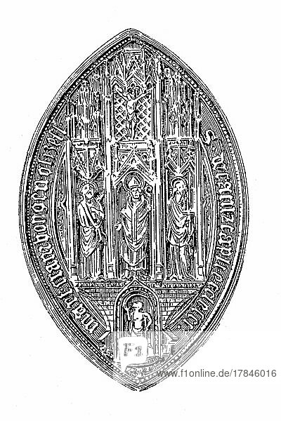 Spitzovales Siegel der Stiftskirche in Kranenburg bei Kleve  Deutschland  digital restaurierte Reproduktion einer Originalvorlage aus dem 19. Jahrhundert  genaues Originaldatum nicht bekannt  Europa