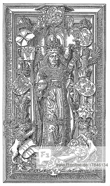 Die Grabplatte von Kaiser Friedrich III. im Stephansdom in Wien  Österreich  digital restaurierte Reproduktion einer Originalvorlage aus dem 19. Jahrhundert  genaues Originaldatum nicht bekannt  Europa