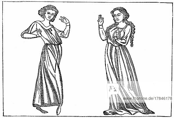 Kulturzustand im 13. und 14. Jahrhundert  Tanz der Edelfrauen  nach einem Holzschnitt in einer Minnesingerhandschrift  Historisch  digital restaurierte Reproduktion einer Originalvorlage aus dem 19. Jahrhundert  genaues Originaldatum nicht bekannt