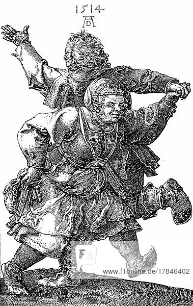 Ein tanzendes Bauernpaar  Kupferstich von Albrecht Dürer  1514  Deutschland  digital restaurierte Reproduktion einer Originalvorlage aus dem 19. Jahrhundert  genaues Originaldatum nicht bekannt  Europa