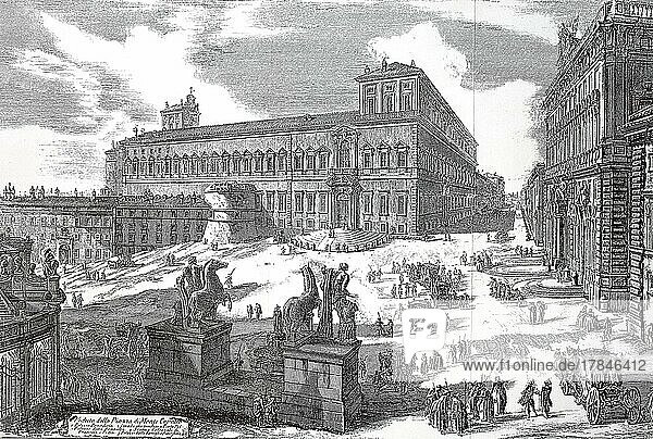 The Piazza di Monte Cavallo in Rome in the 17th century  with the Quirinal  road to Porta Pia  Consulta  colossal statues of Prariteles and Phidias  palaces of the papal family  Historical  digitally restored reproduction of an original 19th century artwork  exact original date unknown