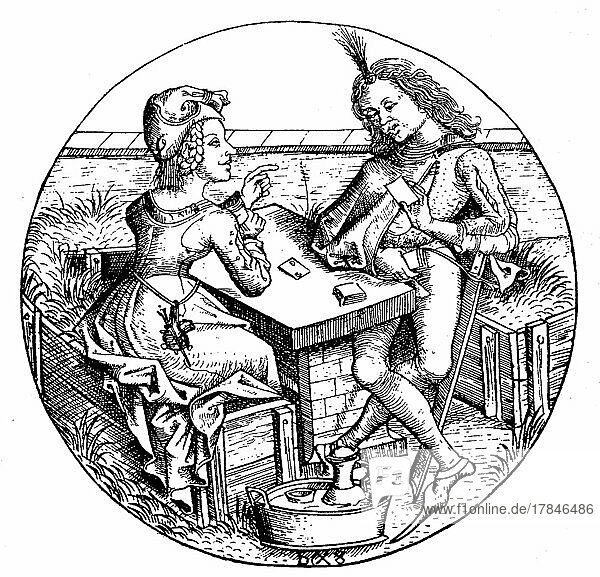 Verlorener Teil  ein Mann und eine Frau spielen Karten  Kartenspieler im 15. Jahrhundert  Deutschland  digital restaurierte Reproduktion einer Originalvorlage aus dem 19. Jahrhundert  genaues Originaldatum nicht bekannt  Europa
