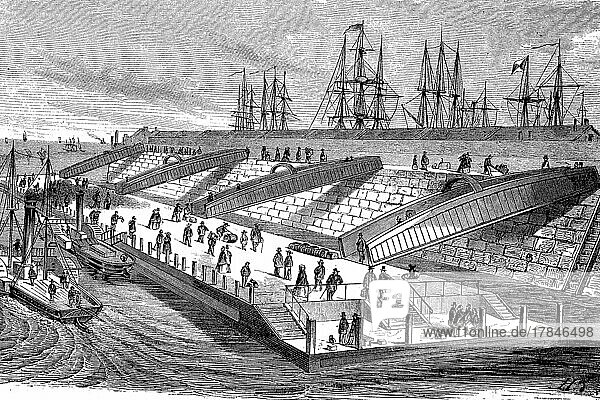 Die neue Anlegestelle vor Liverpool  Hafen  England  digital restaurierte Reproduktion einer Originalvorlage aus dem 19. Jahrhundert  genaues Originaldatum nicht bekannt
