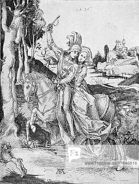 Ausreitendes Paar  Reiten  Faksimile einer Zeichnung von Albrecht Dürer aus dem Jahr 1496  Deutschland  digital restaurierte Reproduktion einer Originalvorlage aus dem 19. Jahrhundert  genaues Originaldatum nicht bekannt  Europa