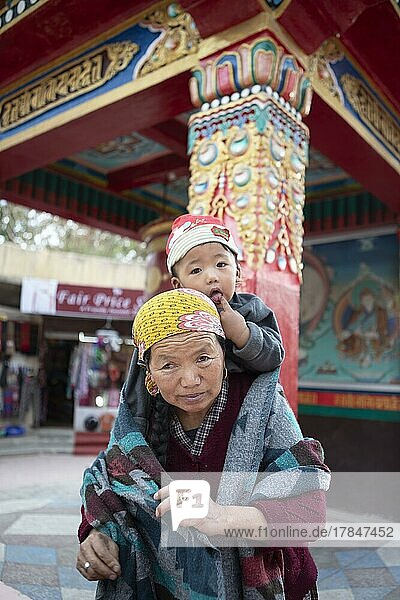 Ladakhi-Frau trägt ihren Enkel auf den Schultern  Leh  Ladakh  Indien  Asien