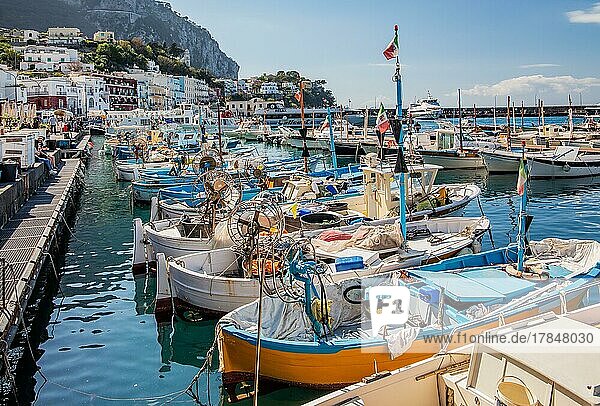 Marina Grande fishing harbour with fishing boats  Capri  Gulf of Naples  Campania  Southern Italy  Italy  Europe