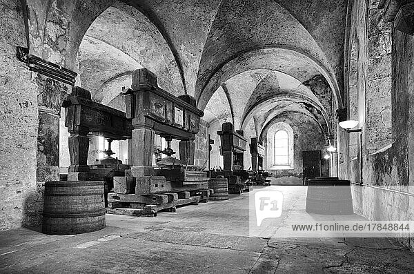 Lay refectory with historic wine presses  dining room of the lay brothers  Eberbach Monastery  Cistercian Order  Eltville  Rheingau  Taunus  Hesse  Germany  Europe