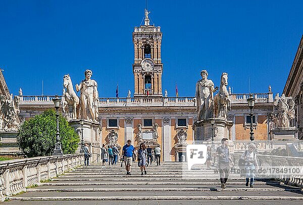 Staircase to the Capitol with statues of the Dioscuri and the Senatorial Palace  Rome  Latium  Central Italy  Italy  Europe