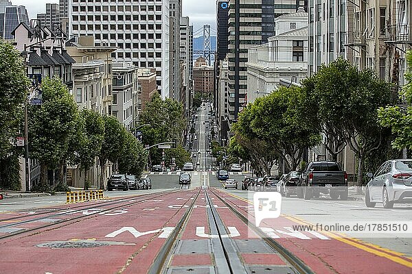 California Street  steep street with cable car tracks  San Francisco  California  USA  North America