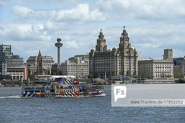 The Mersey ferry Snowdrop sailing in front of the Liverpool Waterfront  Liverpool  Merseyside  England  United Kingdom  Europe