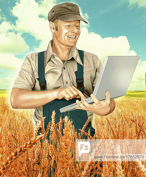 Glücklicher Bauer im Weizenfeld mit Laptop