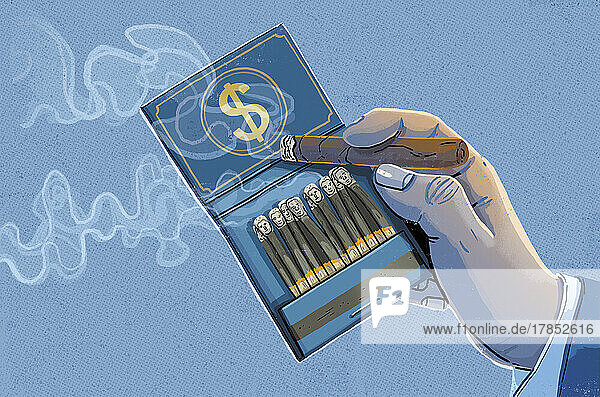 Hand mit brennender Zigarre und Dollar-Streichholzbriefchen mit menschlichen Streichhölzern