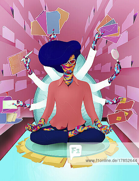 Bunte Frau beim Multitasking und Meditieren