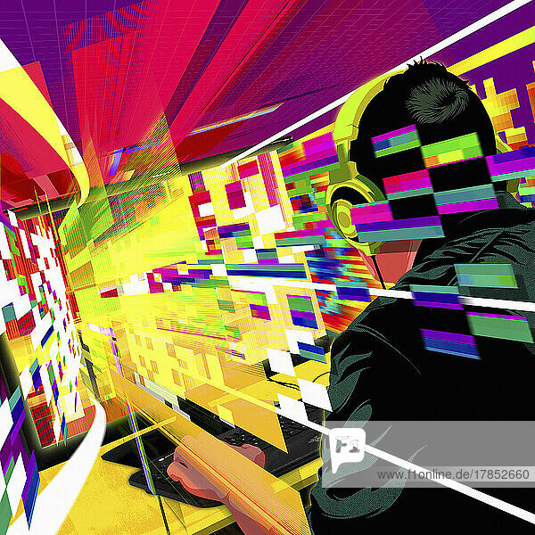 Farbblöcke strömen aus einem Computerspiel-Bildschirm