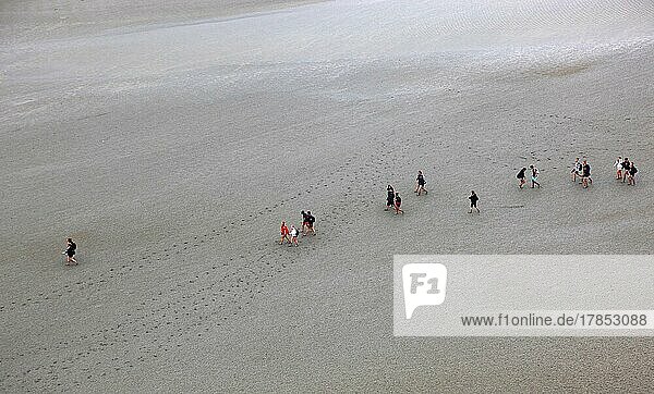 View of the walkers on the mudflats from the monastery hill of Mont Saint-Michel  Lower Normandy  France  Europe