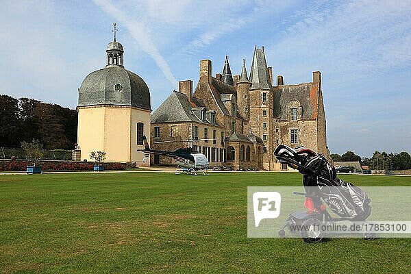 Golf trolley in front of the Chateau des Rochers-Sevigne with chapel  near Vitre  Brittany  France  Europe