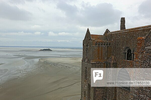 Mont Saint-Michel monastery hill  view over the outer wall of the cloister to the Wadden Sea  Lower Normandy  France  Europe