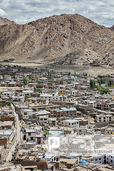 Luftaufnahme der Stadt Leh im Himalaya von oben. Ladakh  Jammu und Kaschmir  Indien  Asien