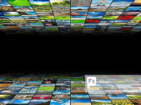 Abstrakter Multimedia-Hintergrund aus mehreren Bildern mit Kopierbereich in der Mitte