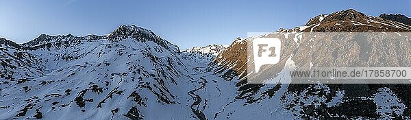 Alpine panorama  mountain valley with river  morning atmosphere  mountains in winter  aerial view  Stubai  Tyrol  Austria  Europe
