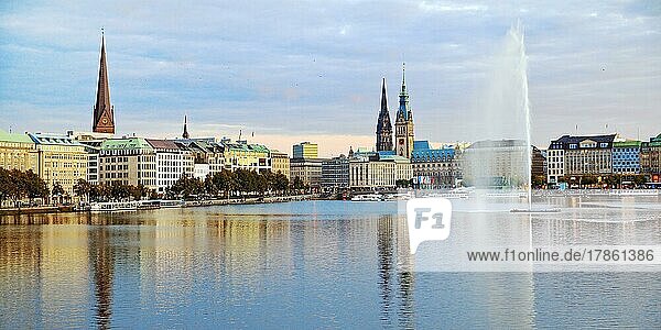 Inner Alster Lake with Alsterfontaine and city skyline  Hamburg  Germany  Europe