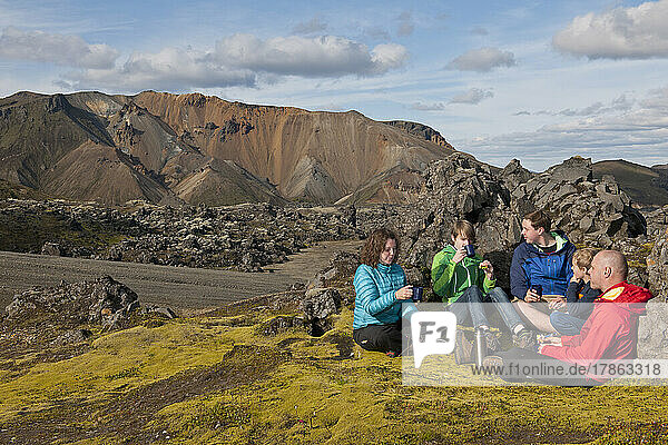family having a picnic in Landmannalaugar / Iceland