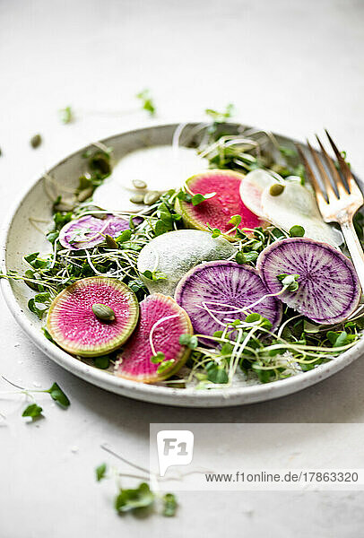 Radish Salad with micro greens and pumpkin seeds